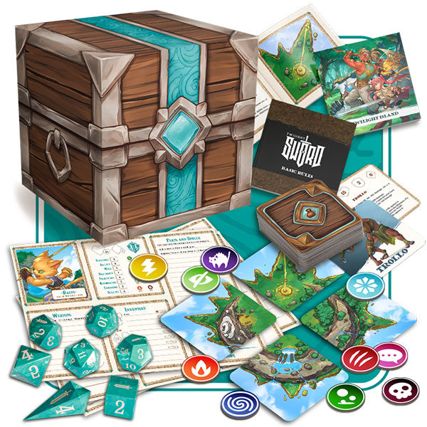 Twilight Sword RPG: Starter Set Box (PREORDER) - Fantasy-themed wooden treasure chest with turquoise accents and metal clasps, surrounded by colorful RPG cards, tokens, and.