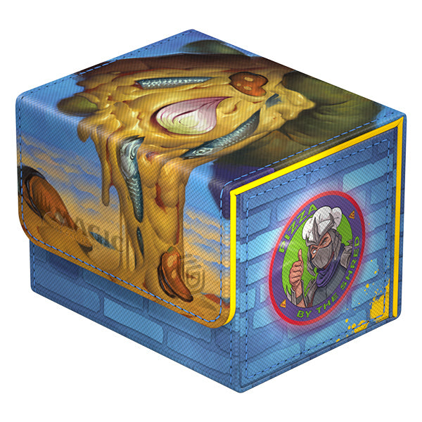 Ultimate Guard Sidewinder 100+ Xenoskin Deck Case: Teenage Mutant Ninja Turtles - Island - Blue and yellow rectangular card deck case with melting pizza graphic and Teenage Mutant Ninja Turtles chef emblem on side.