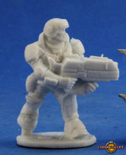 Aztec, IMEF Trooper - Unpainted detailed miniature of armored sci-fi soldier holding large futuristic rifle on base.