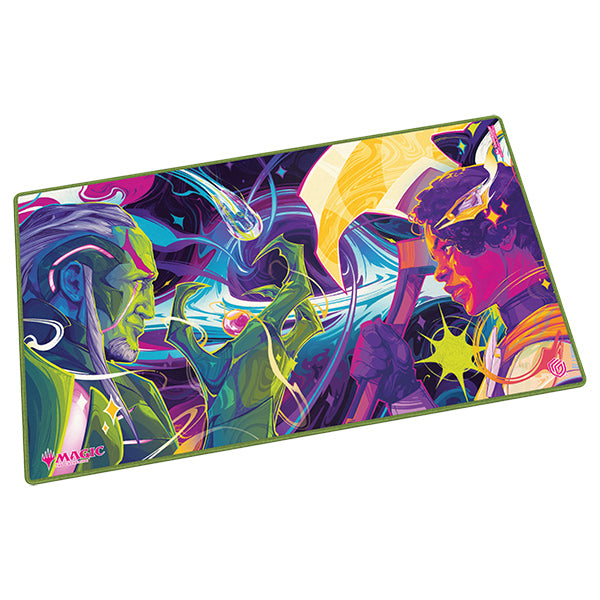 Ultimate Guard Playmat: Magic the Gathering: Edge of Eternities - Haliya and Tezzeret - Colorful rectangular Magic the Gathering playmat featuring vibrant fantasy characters in purple, green, yellow, and blue.