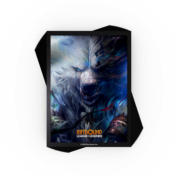 Card Sleeves: Riftbound Origins - Volibear - Card sleeves featuring a fierce white bear with glowing blue eyes on a dark, mystical background, designed for protecting.