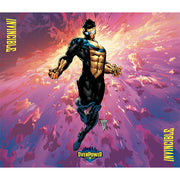 OverPower CCG Premium Double Playmat: Invincible - Invincible (PREORDER) - Black and gold armored superhero with glowing yellow eyes hovering over a vibrant purple and pink abstract background,.