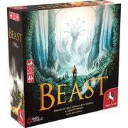 Beast - Board game box featuring a dark forest scene with a large white mythical beast looming over a small human figure in the.