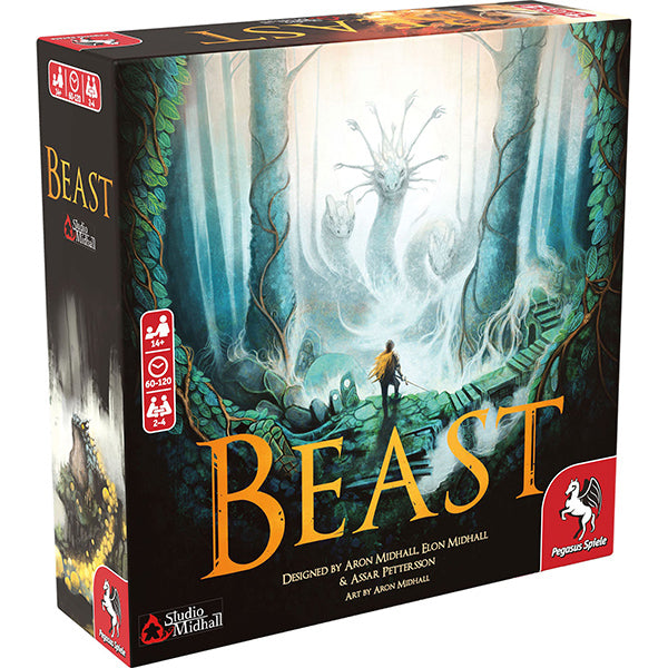 Beast - Board game box featuring a dark forest scene with a large white mythical beast looming over a small human figure in the.