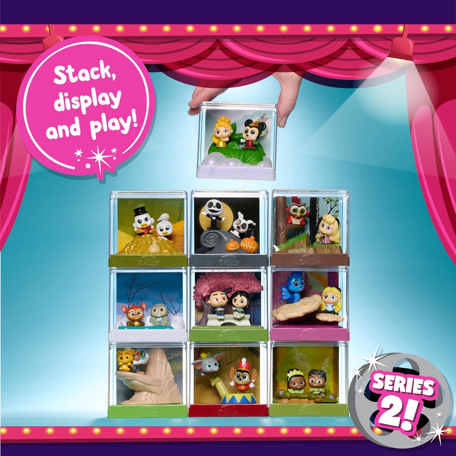 Disney Doorables: Movie Moments - Series 2 - Set of nine small Disney Doorables figurines in clear cube displays, featuring colorful characters from various movies,.