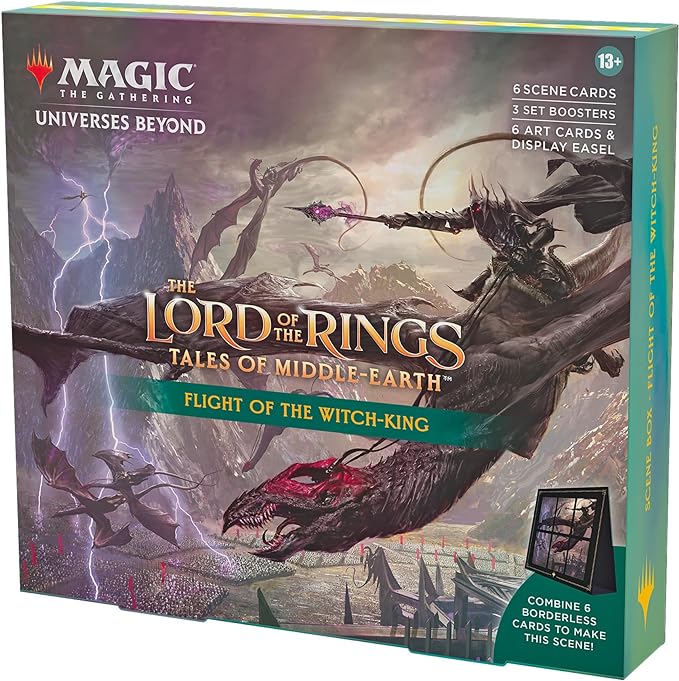 Magic: The Gathering - Lord of the Rings: Tales of Middle-earth Scene Box: Flight of The Witch-King - The Gathering Lord of the Rings Scene Box featuring dark fantasy art of the Witch-King flying over a stormy landscape with.