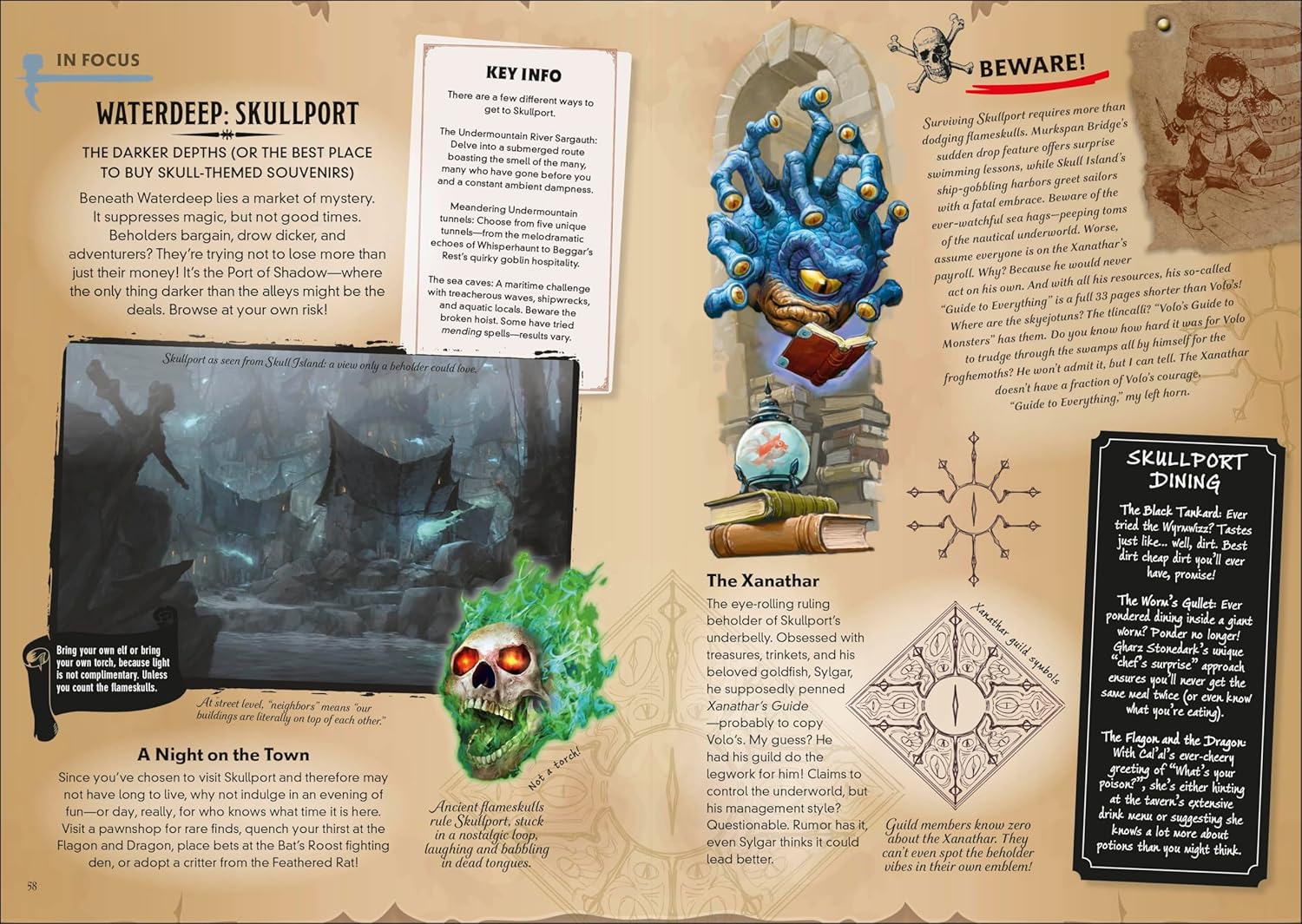 Dungeons & Dragons: How Not to Get Eaten by Owlbears - Open tabletop RPG book with illustrated owlbear skull, blue magical flames, maps, and text on aged parchment-style pages.