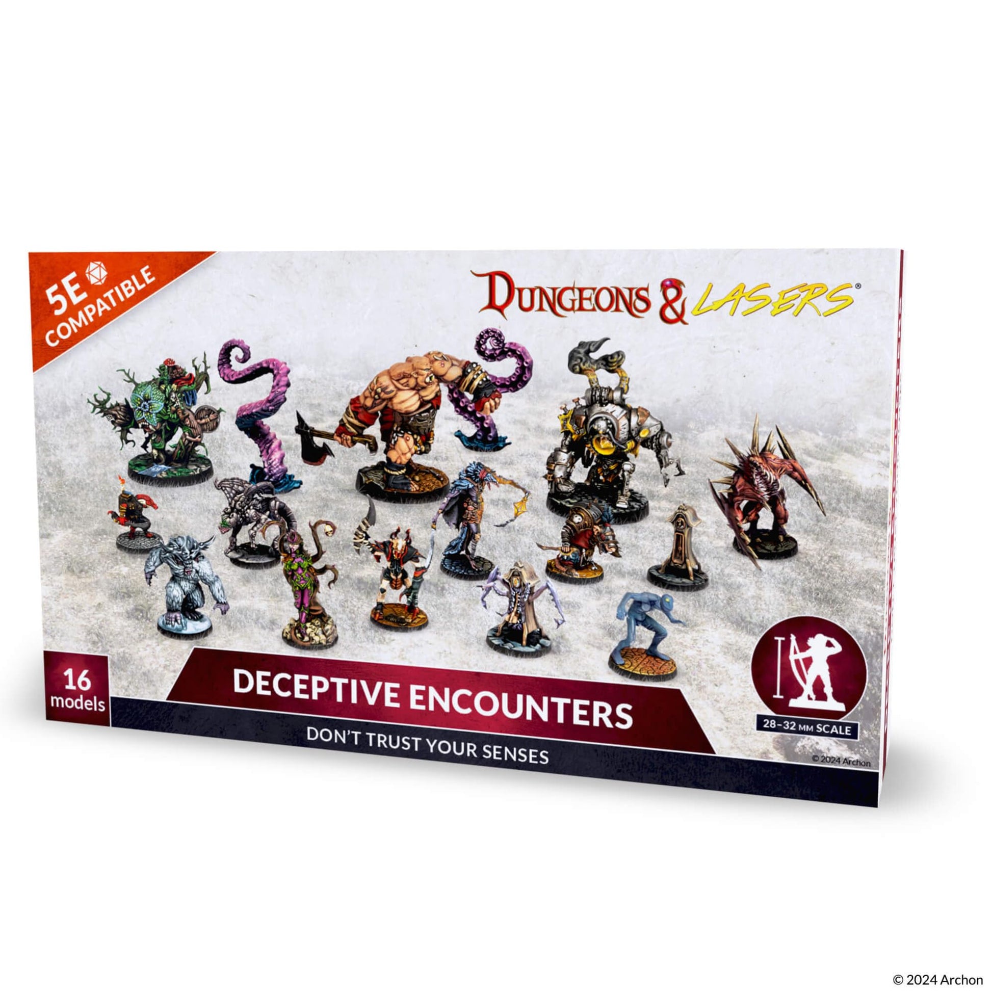 Dungeons & Lasers: Deceptive Encounters (Unpainted) - Box set featuring 16 unpainted detailed fantasy miniatures including humanoid warriors, beasts, and magical creatures on.