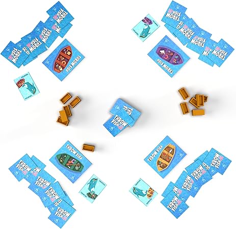 Throw Fish - Blue-themed card game set with colorful fish illustrations, small wooden barrel tokens, and a central six-sided die.