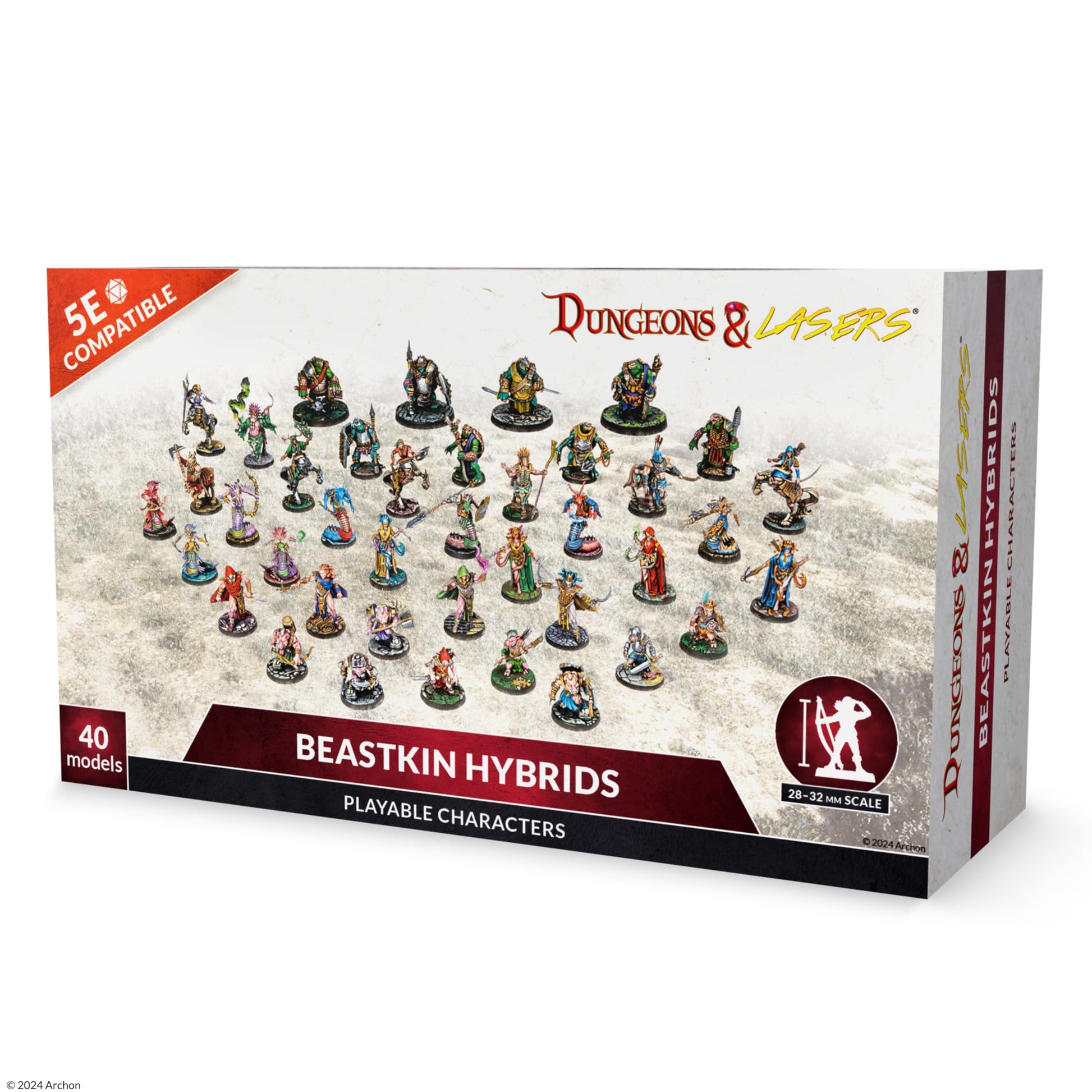 Dungeons & Lasers: Beastkin Hybrids (Unpainted) - Box of unpainted grey resin miniatures showing 40 detailed humanoid beastkin hybrid figures for tabletop RPGs.