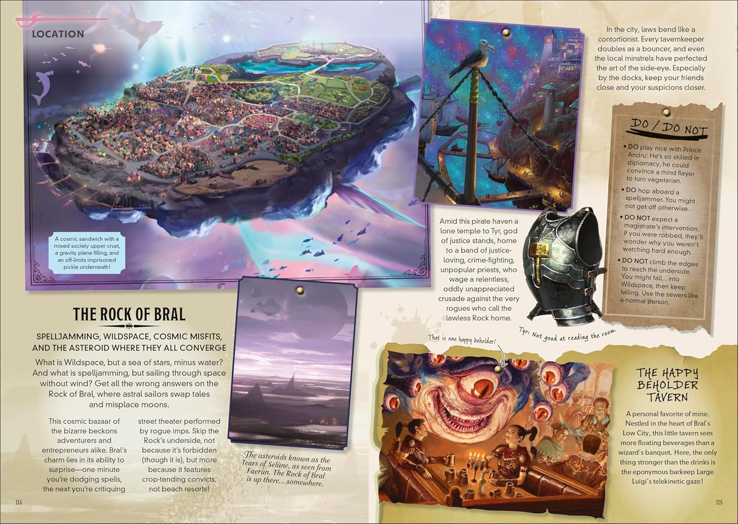 Dungeons & Dragons: How Not to Get Eaten by Owlbears - Open colorful book spread showing a detailed fantasy map, a crossbow illustration, text blocks, and vibrant character art.