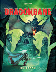 Dragonbane: Core Rulebook - Dark green fantasy rulebook with red title "Dragonbane" and illustration of a dragon attacking a warrior on a stone bridge.