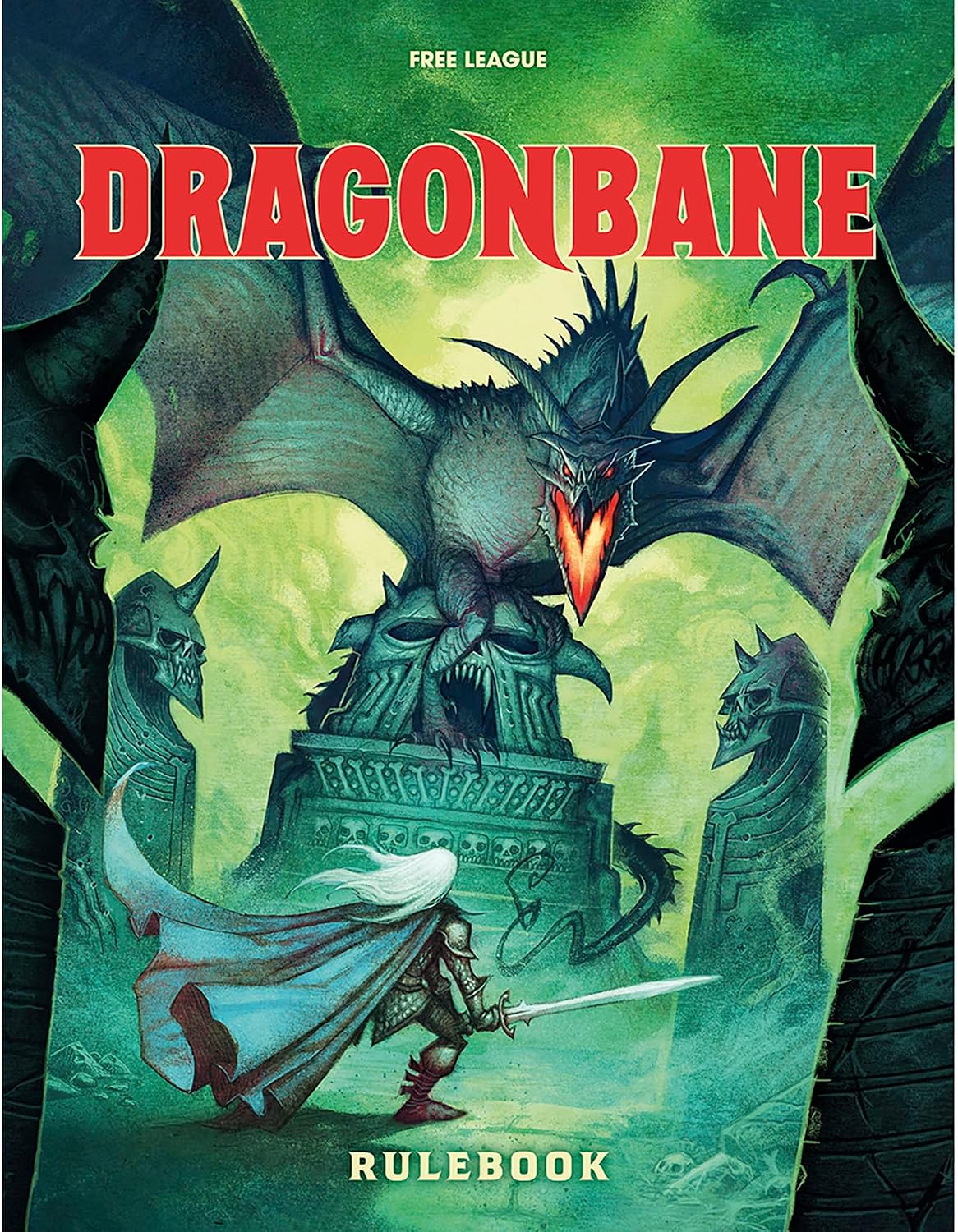 Dragonbane: Core Rulebook - Dark green fantasy rulebook with red title "Dragonbane" and illustration of a dragon attacking a warrior on a stone bridge.