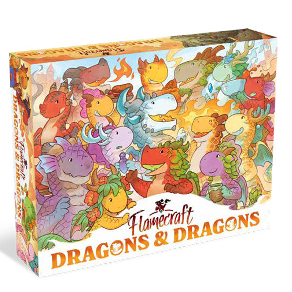 Flamecraft: Dragons & Dragons Expansion - Colorful game box featuring various cartoon dragons in playful poses, titled Flamecraft Dragons & Dragons Expansion.