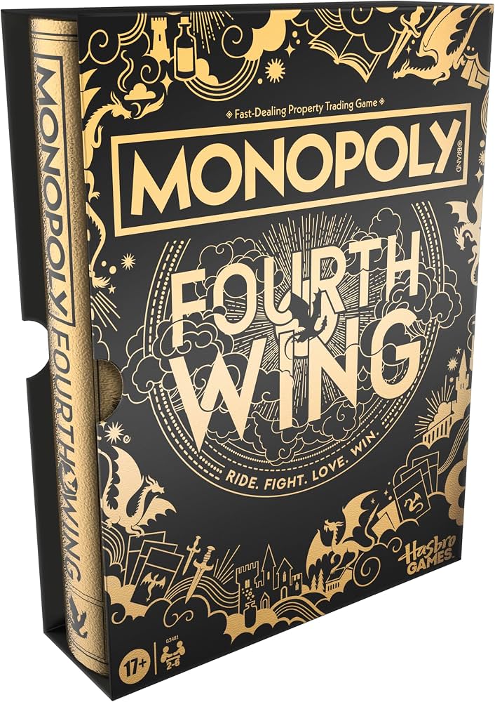 Monopoly: Fourth Wing Board Game - Fourth Wing board game box with ornate wing and castle designs and bold typography.