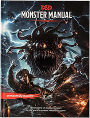 D&D 5E: Monster Manual - Dark floating beholder creature with multiple eye stalks and sharp teeth attacking two armed adventurers in stormy fantasy.