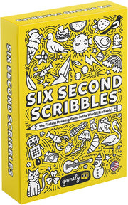 Six Second Scribbles - Bright yellow rectangular box featuring playful black-and-white doodles and bold white text reading "Six Second Scribbles".