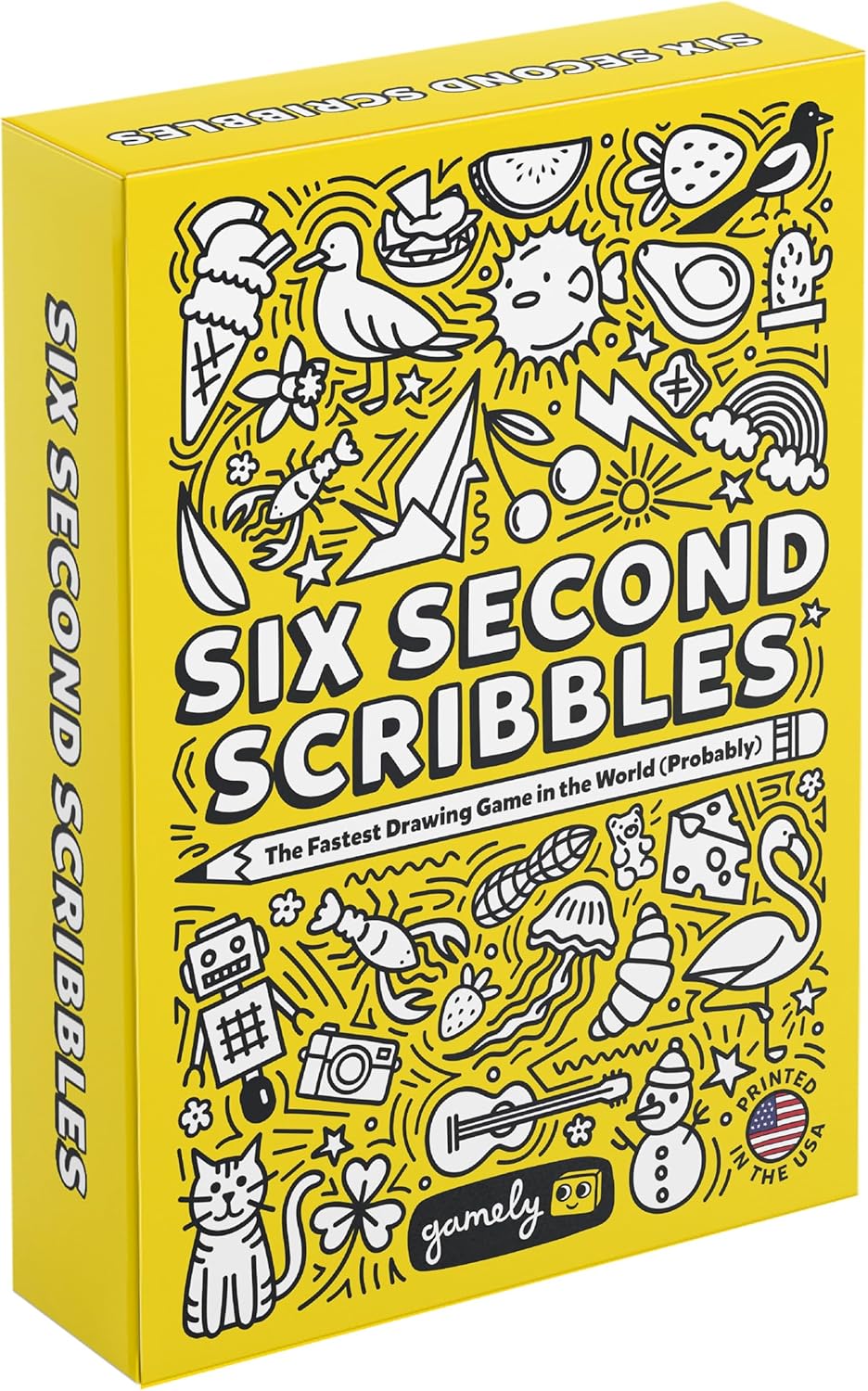 Six Second Scribbles - Bright yellow rectangular box featuring playful black-and-white doodles and bold white text reading "Six Second Scribbles".