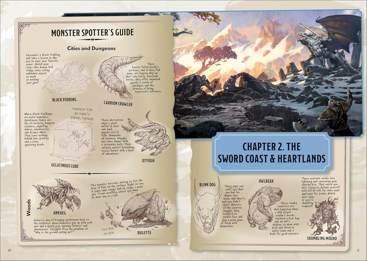 Dungeons & Dragons: How Not to Get Eaten by Owlbears - Open illustrated fantasy book showing monster sketches and detailed guide on left page, colorful landscape art of rocky.