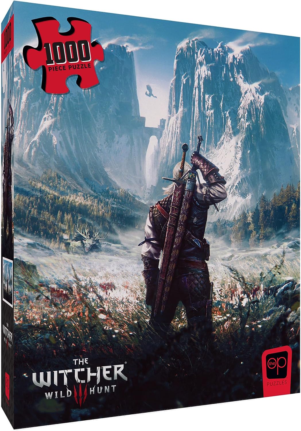 The Witcher 1000 Piece Puzzle - The Witcher 1000-piece puzzle box featuring a detailed fantasy landscape with a lone figure holding swords against towering.
