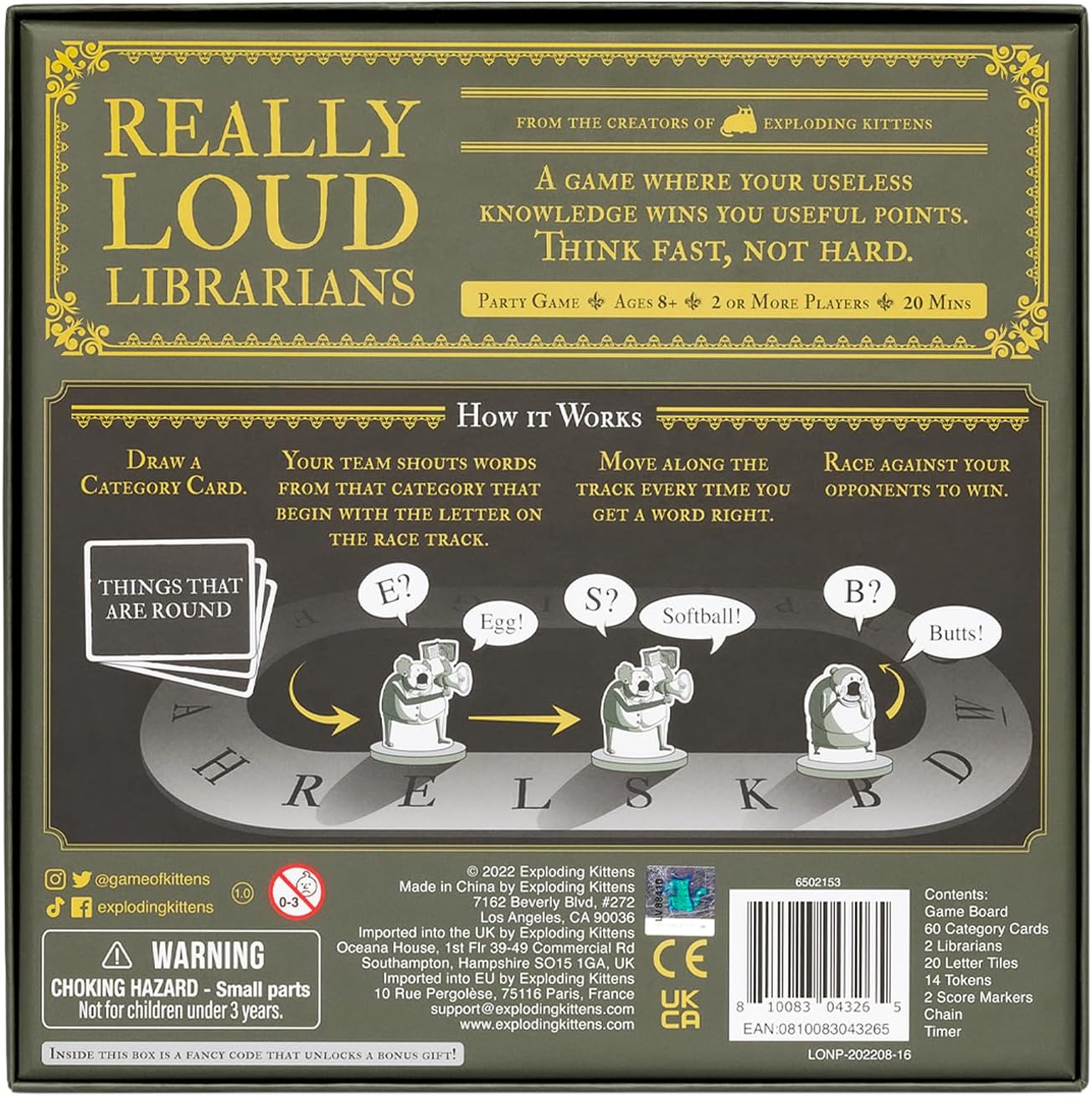 Really Loud Librarians - Really Loud Librarians party game box with black and gold design, cartoon librarians and a circular game board illustration.