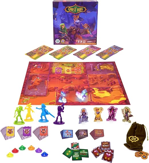 The Quest Kids (PREORDER) - Colorful board game set with illustrated adventure map, character cards, detailed miniatures, dice, tokens, and a drawstring