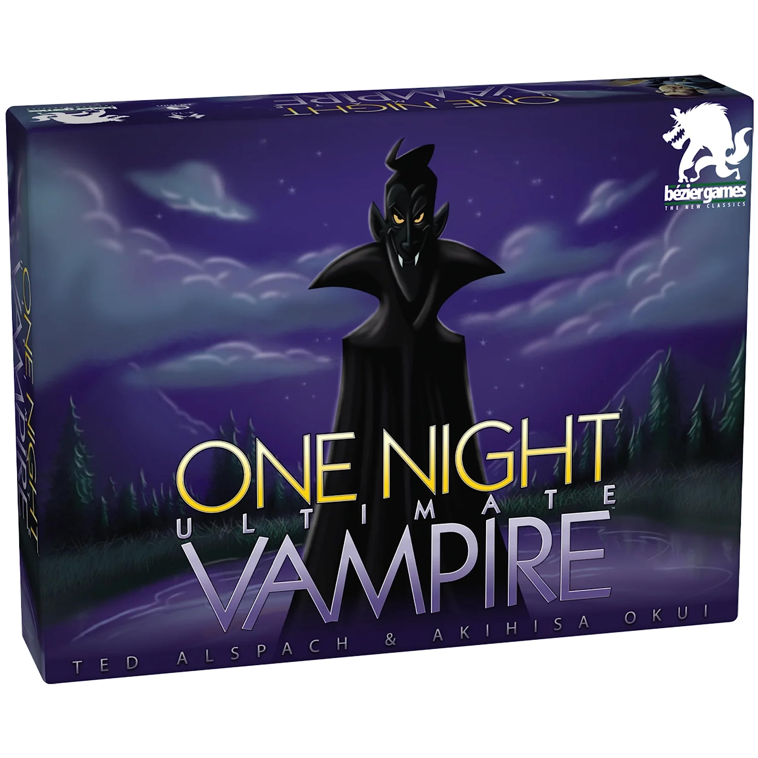 One Night Ultimate Vampire (PREORDER) - Dark purple game box featuring a shadowy vampire figure with glowing eyes under a cloudy night sky, titled One Night.