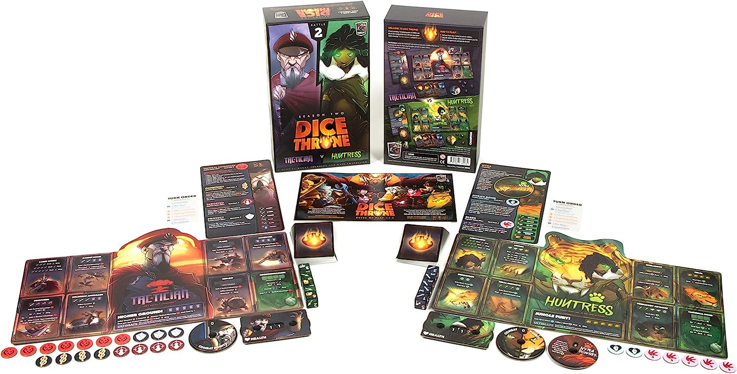 Dice Throne: Season Two - Huntress Vs Tactician - Dice Throne Season Two board game set with colorful character cards, tokens, and a black game box featuring Huntress and.