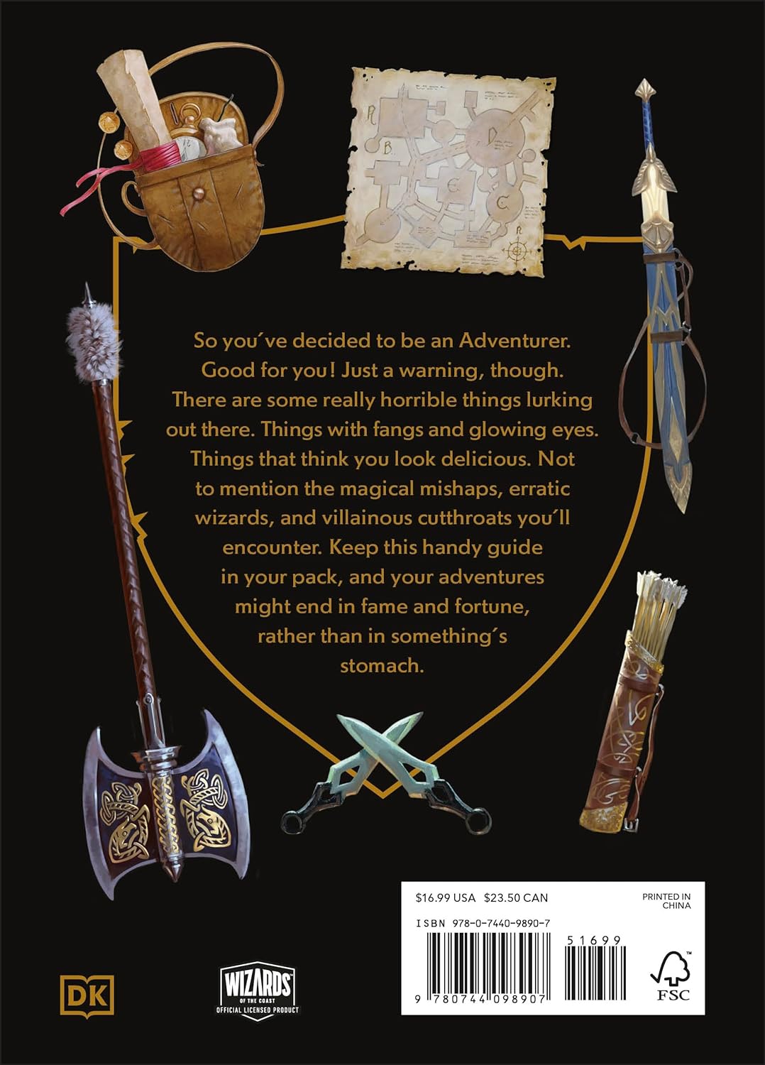 Dungeons & Dragons: How Not to Get Eaten by Owlbears - Black book cover with gold and cream text, featuring fantasy-themed illustrations including a wooden staff, map scroll, axe,