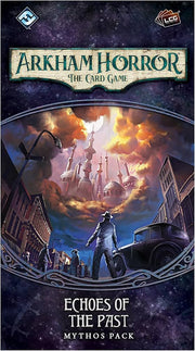 Arkham Horror LCG: Echoes of the Past - Arkham Horror LCG expansion box featuring dark cityscape with a cloaked figure, illuminated by fiery orange and yellow sky.
