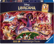 1000 Piece Puzzle: Disney Lorcana Glimmers of the Realm - Ruby - 1000-piece Disney Lorcana puzzle box featuring vibrant fantasy characters in red and purple tones with a central dragon and.