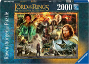 2000 Piece Puzzle: Lord of the Rings The Return of the King - 2000-piece Lord of the Rings puzzle with colorful collage of characters including Aragorn, Gandalf, and Gollum on dark blue.