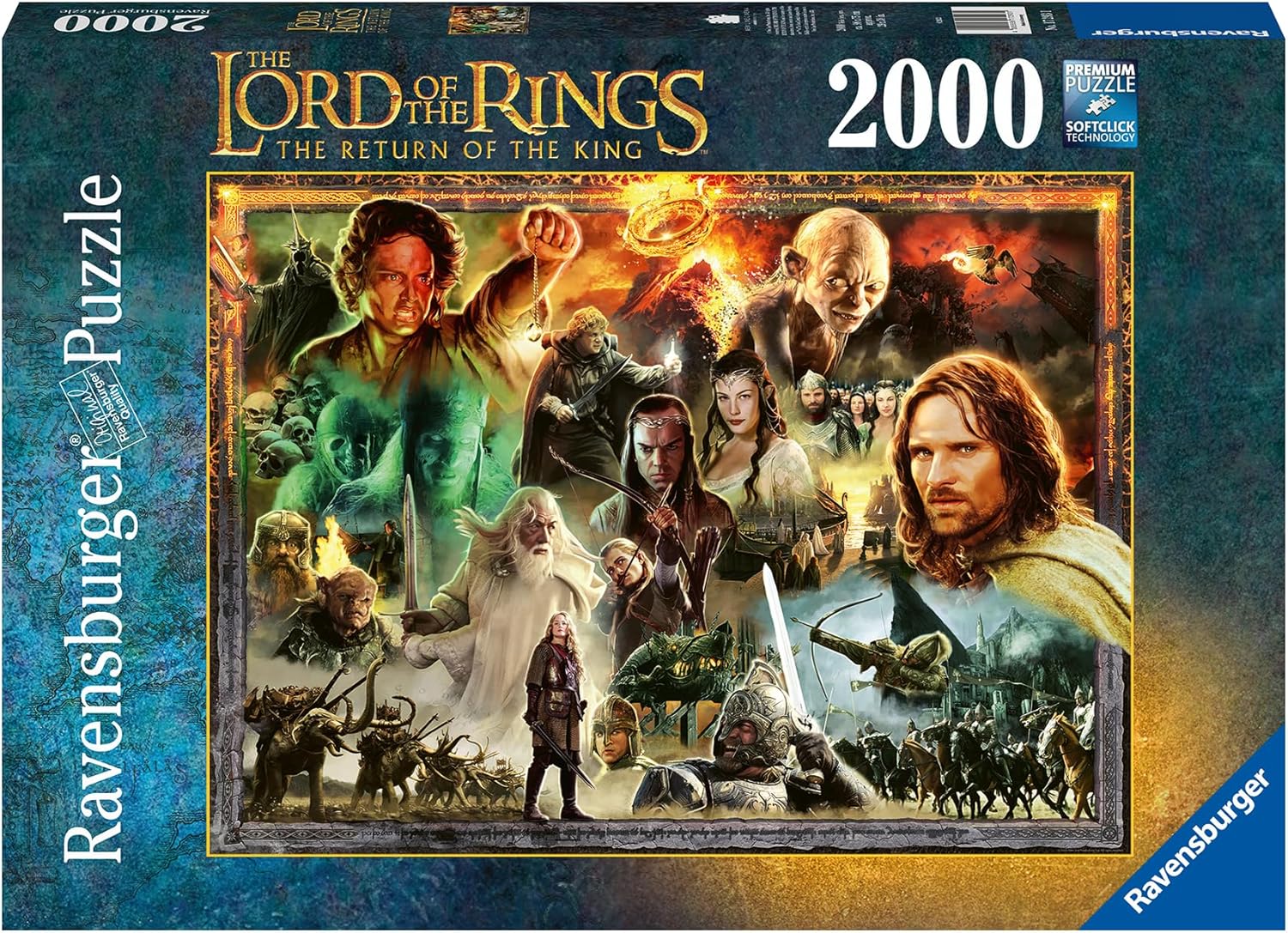 2000 Piece Puzzle: Lord of the Rings The Return of the King - 2000-piece Lord of the Rings puzzle with colorful collage of characters including Aragorn, Gandalf, and Gollum on dark blue.