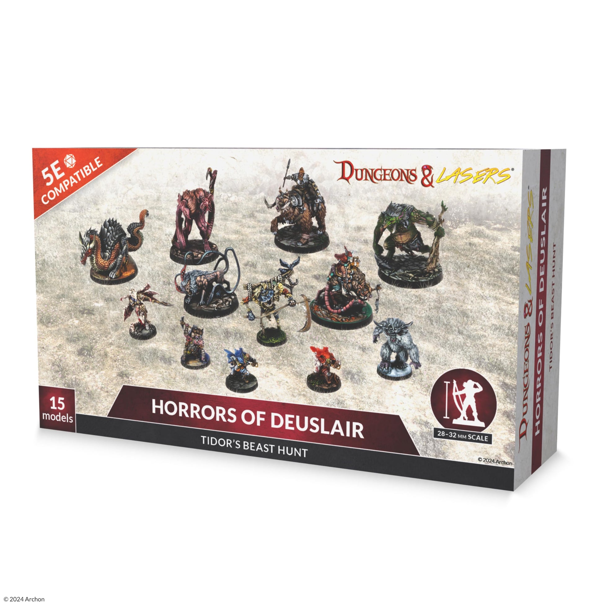 Dungeons & Lasers: Horrors Of Deuslair (Unpainted) - Box set featuring 15 unpainted detailed resin miniature figures of monstrous creatures for tabletop gaming.