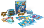 Throw Fish - Colorful board game box with cartoon fish illustrations, blue and orange game cards, small brown cube tokens, and rulebook.
