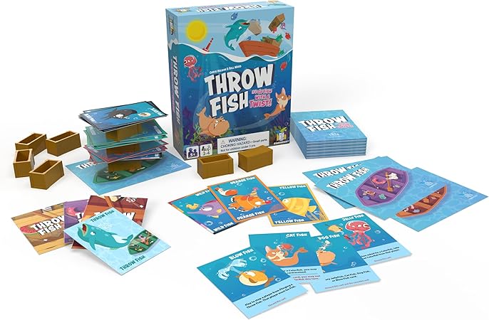 Throw Fish - Colorful board game box with cartoon fish illustrations, blue and orange game cards, small brown cube tokens, and rulebook.