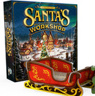 Santa's Workshop - Santa’s Workshop board game box with snowy village scene and red decorative sleigh game piece in front.