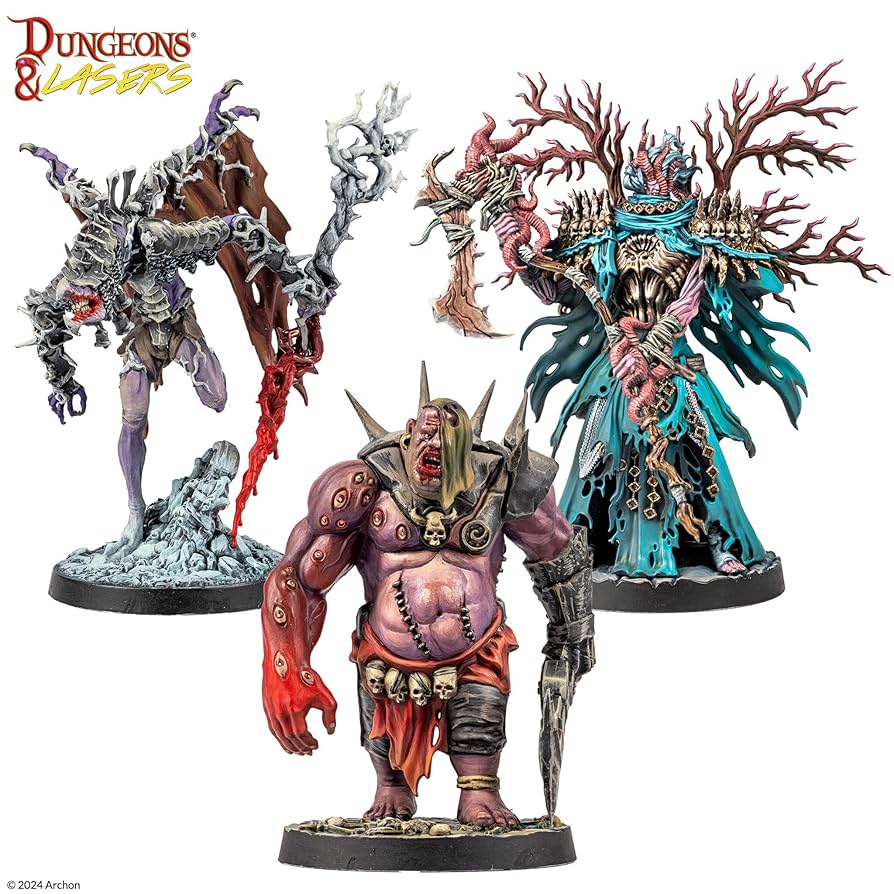 Dungeons & Lasers: Warlords Of Chaos (Unpainted) - Three unpainted Dungeons & Lasers fantasy miniatures featuring a skeletal mage with a staff, a horned ogre wielding a.