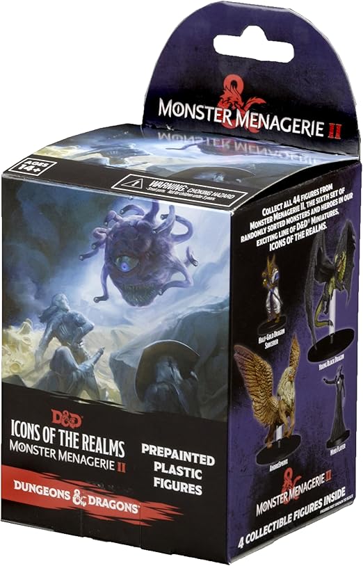 D&D Icons of the Realms: Monster Menagerie Revisited Booster - Black and blue D&D Icons of the Realms Monster Menagerie Revisited Booster box with fantasy creature artwork and preorder.