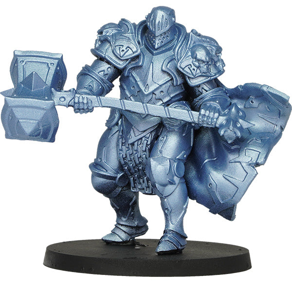 Vallejo True Metallic Metal Light: Ultramarine Blue (18ml) - Metallic ultramarine blue painted miniature knight in detailed armor wielding a large hammer and shield on a round black.