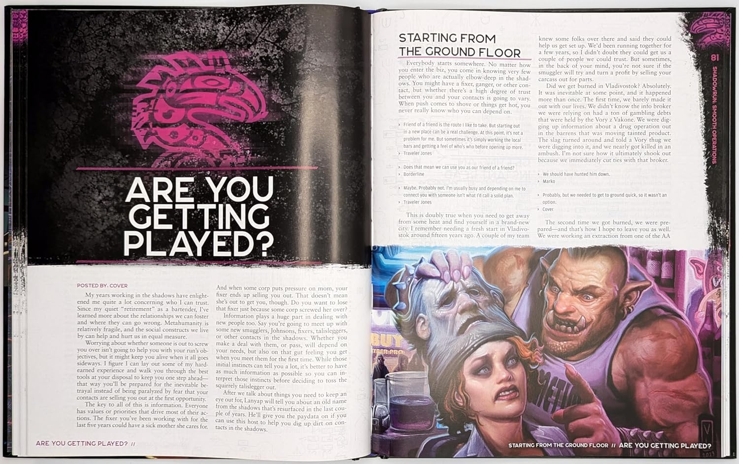 Shadowrun: Smooth Operations - Open book showing two-page spread with text and an illustration of a man and woman in futuristic cyberpunk style, dark.