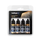 Vallejo True Metallic Metal Set: Imperial Gold (4 Color Set), 18 ml. - Set of four 18ml bottles of Vallejo True Metallic metal paint in imperial gold shades, black-topped caps.