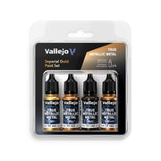 Vallejo True Metallic Metal Set: Imperial Gold (4 Color Set), 18 ml. - Set of four 18ml bottles of Vallejo True Metallic metal paint in imperial gold shades, black-topped caps.