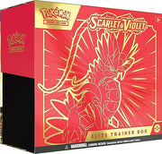 Pokemon Scarlet & Violet Elite Trainer Box - Koraidon - Red and gold Pokemon Scarlet & Violet Elite Trainer Box featuring Koraidon illustration with stylized rays and logo.