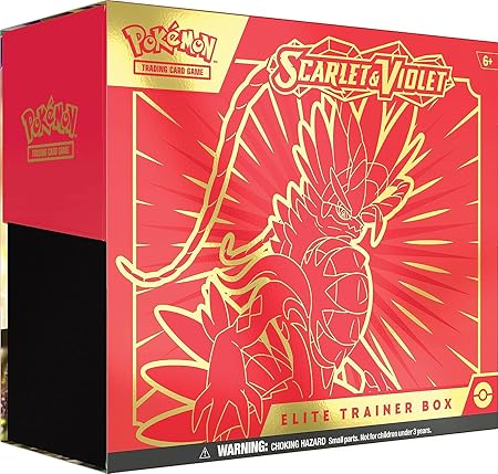 Pokemon Scarlet & Violet Elite Trainer Box - Koraidon - Red and gold Pokemon Scarlet & Violet Elite Trainer Box featuring Koraidon illustration with stylized rays and logo.