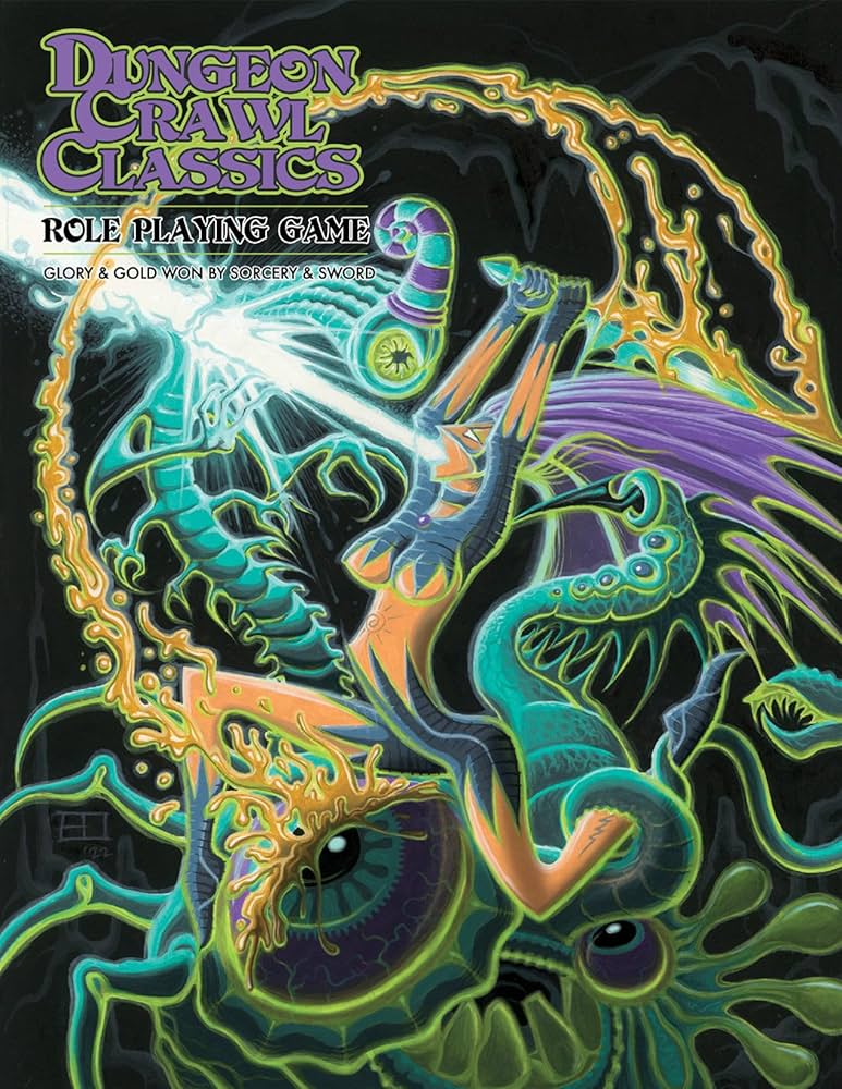 Dungeon Crawl Classics: Core Rulebook Erol Otus Cover - Dungeon Crawl Classics Core Rulebook with vibrant fantasy artwork of a wizard casting a spell against a dark background.