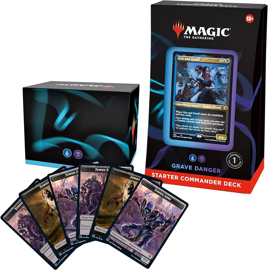 Magic: the Gathering - Starter Commander Decks - The Gathering Starter Commander Deck box with dark fantasy artwork and six displayed colorful game cards fanned out in front.