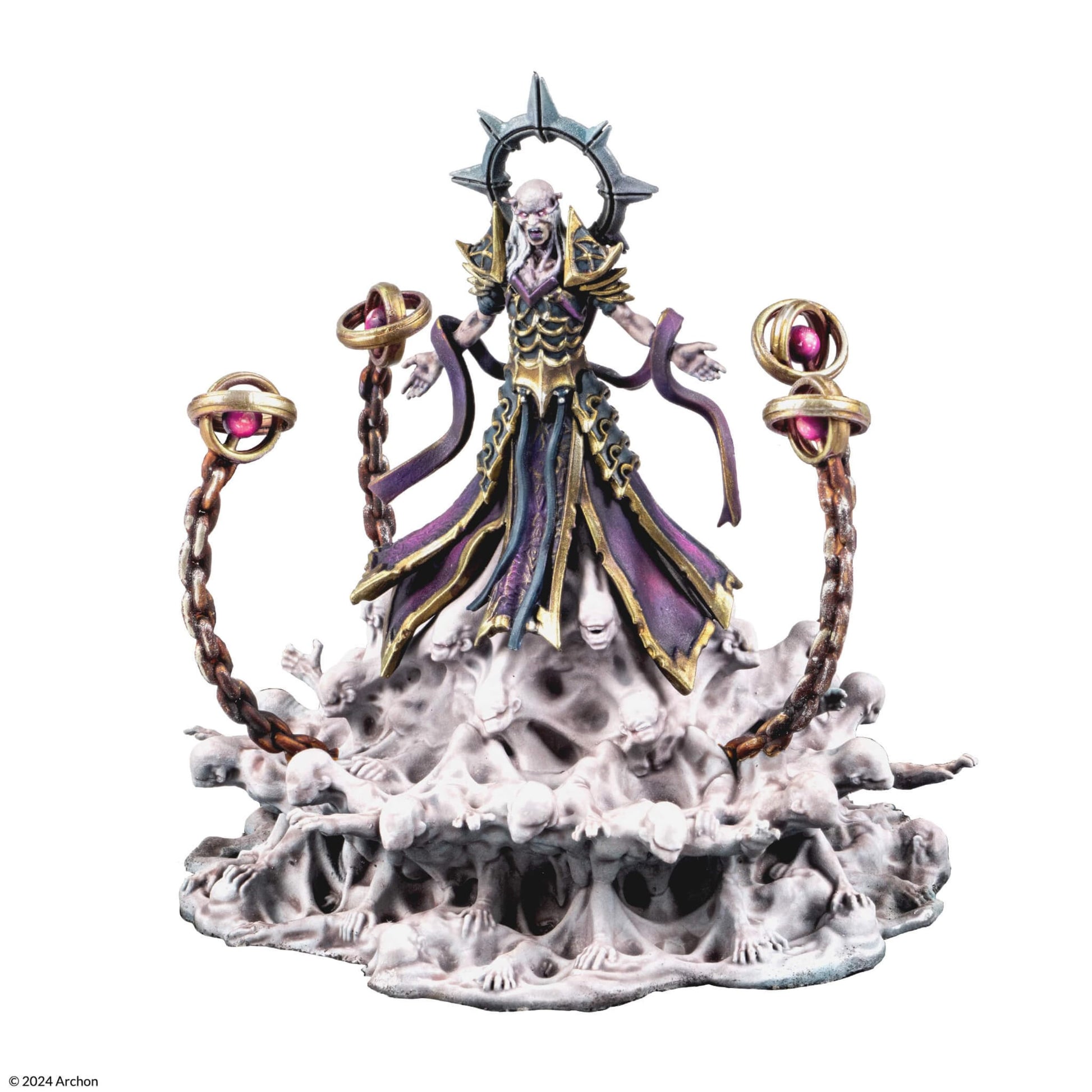 Dungeons & Lasers: Kaoz The Soul Harvester (Unpainted) - Unpainted resin miniature of a cloaked, skeletal sorcerer with ornate armor and spiked crown, surrounded by swirling smoke.