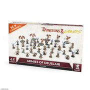 Dungeons & Lasers: Armies Of Deuslair (Unpainted) - Set of 42 unpainted miniature fantasy soldiers with swords, spears, and shields on round bases, arranged in front of white.