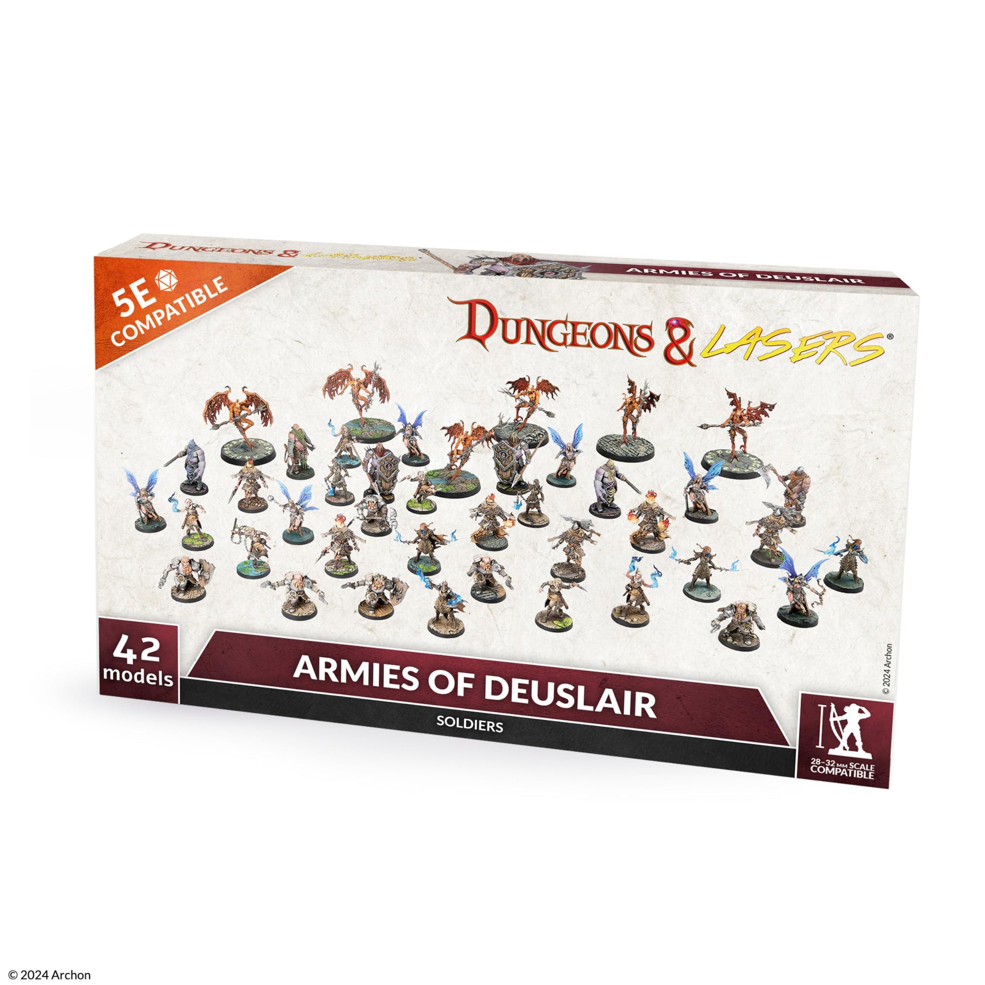 Dungeons & Lasers: Armies Of Deuslair (Unpainted) - Set of 42 unpainted miniature fantasy soldiers with swords, spears, and shields on round bases, arranged in front of white.